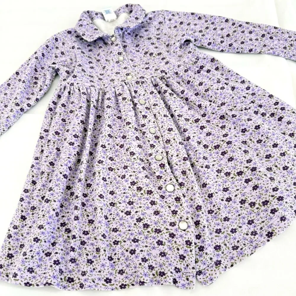 Vtg Y2K Old Navy 3T Floral Button Down Purple 100% Cotton Knit Dress Pearl Snaps